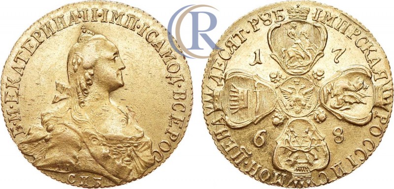 Russia. 10 рублей 1768 года. СПБ-ТI. Золото, 13,06г. Уздеников 0121(•). Биткин 1...