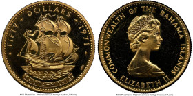 Elizabeth II gold Proof 50 Dollars 1971 PR63 Ultra Cameo NGC, Numismatica Italiana mint, KM30. Mintage: 700. Fineness stamped to the right of date var...