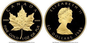 Elizabeth II gold Proof "Maple Leaf" 50 Dollars (1 oz) 1989 PR70 Ultra Cameo NGC, Royal Canadian mint, KM125.2. The final year of this issue, with the...