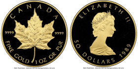 Elizabeth II gold Proof "Maple Leaf" 50 Dollars (1 oz) 1989 PR69 Ultra Cameo NGC, Royal Canadian mint, KM125.2. The final year of this issue, with the...