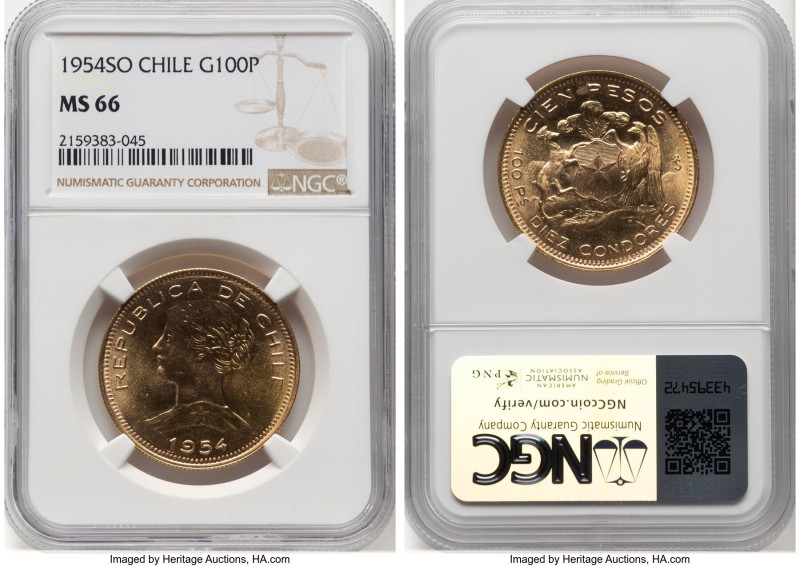 Republic gold 100 Pesos 1954-So MS66 NGC, Santiago mint, KM175. HID09801242017 ©...