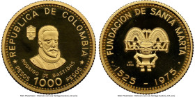 Republic gold Proof "Santa Marta 450th Anniversary" 1000 Pesos 1975 PR67 Ultra Cameo NGC, KM259. Mintage: 2,500. HID09801242017 © 2024 Heritage Auctio...