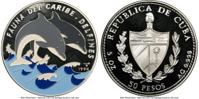 Republic Proof Colorized "Bottlenose Dolphins" 50 Pesos (5 oz) 1994 PR68 Ultra Cameo NGC, KM503. "Caribbean Fauna" series. HID09801242017 © 2024 Herit...