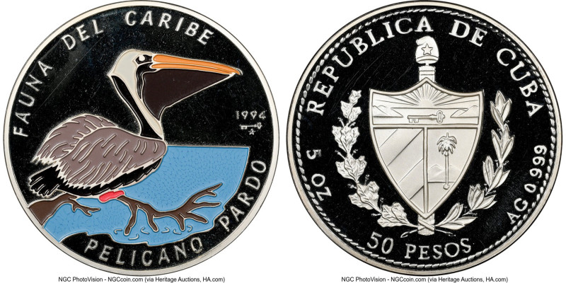 Republic Proof Colorized "Pelican" 50 Pesos (5 oz) 1994 PR68 Ultra Cameo NGC, KM...