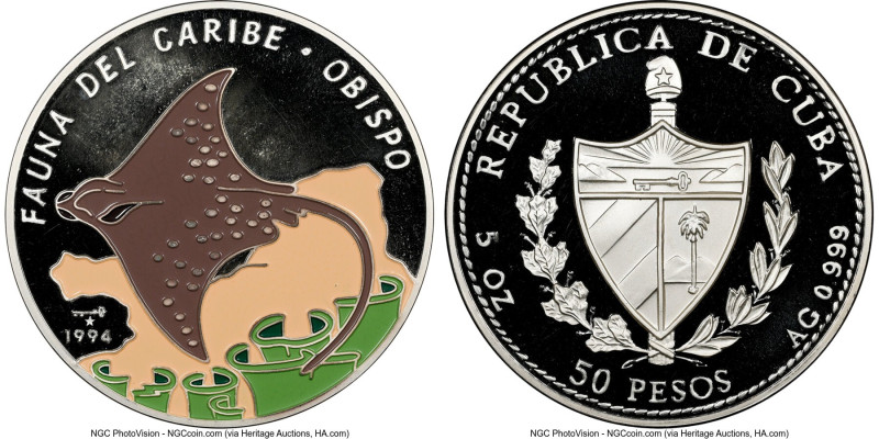 Republic Proof Colorized "Spotted Eagle Ray" 50 Pesos (5 oz) 1994 PR67 Ultra Cam...