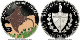 Republic Proof Colorized "Spotted Eagle Ray" 50 Pesos (5 oz) 1994 PR67 Ultra Cameo NGC KM508. "Caribbean Fauna" series. HID09801242017 © 2024 Heritage...