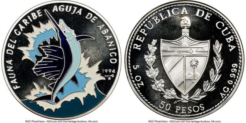 Republic Proof Colorized "Sailfish" 50 Pesos (5 oz) 1994 PR67 Ultra Cameo NGC, K...