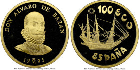Juan Carlos I gold Proof "Don Alvaro de Bazán" Medallic 100 Ecu 1995-M PR68 Ultra Cameo NGC, Royal mint of Spain, KM-XUnl. Medallic Issue. 34.55mm. HI...