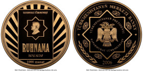 Republic gold Proof "The Second Book" 1000 Manat 2006 PR70 Ultra Cameo NGC, KM-Unl (cf. KM72 silver). Ruhnama series. Reported mintage of only 80 exam...