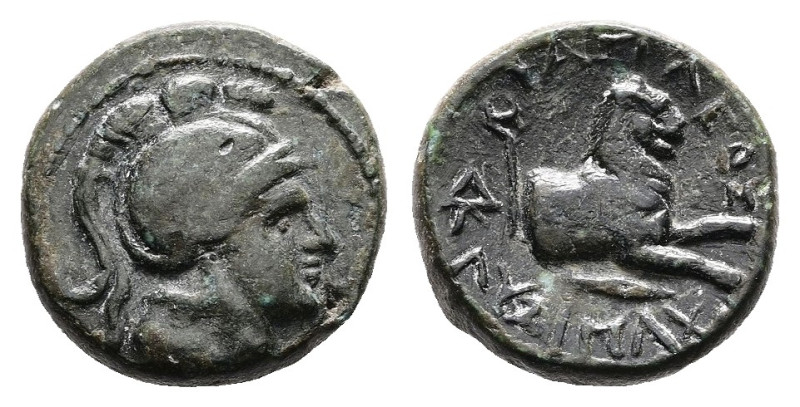 Thrace, kings. Lysimachos, 305-281 BC. AE (13.5 mm, 2.78 g.). Head of Athena to ...