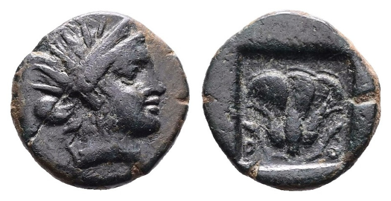 Islands off Caria. Rhodes, ca. 188-84 BC. AE (13.1 mm, 1.62 g.). Radiate head of...