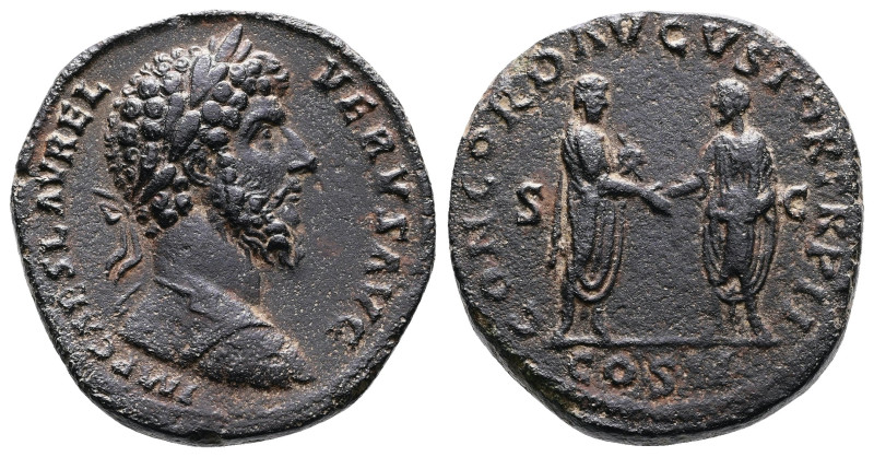 Lucius Verus, AD 161-169. AE Sestertius (32 mm, 26.87 g). Rome mint, AD 161. IMP...