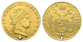 Ferdinand I, 1835-1848. Gold Ducat (20mm, 3,28g.). 1845. FERD I D G AVSTR IMP HVNG BOH R H N V Head of Ferdinand I wearing a laurel wreath to right. R...