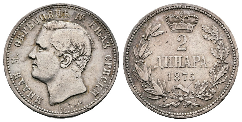 Milan IV Obrenovic, 1868-1882. 2 Dinara (27 mm, 9.88 g.). 1875. МИЛАН М. ОБРЕНОВ...