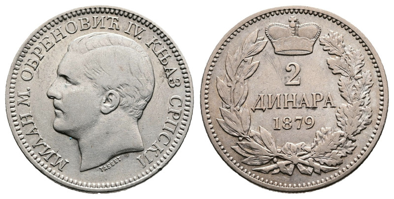 Milan IV Obrenovic, 1868-1882. 2 Dinara (27 mm, 9,95 g.). 1879. МИЛАН М. ОБРЕНОВ...