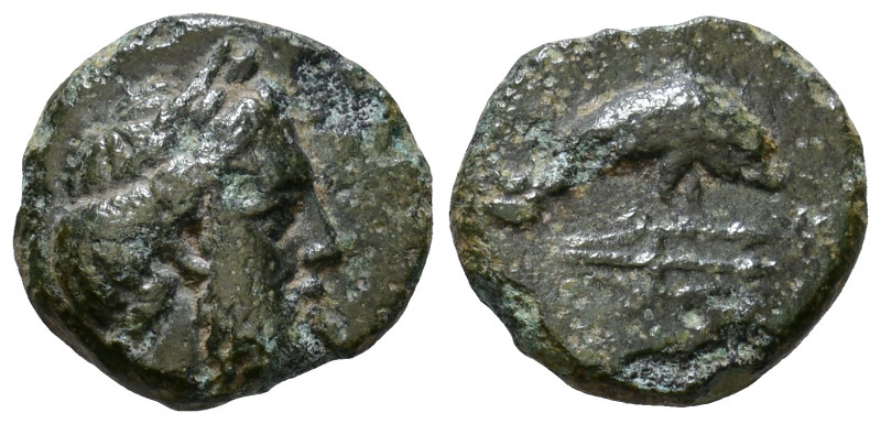 CARIA. Myndos. 386-300 BC. Obv: Laureate head of Poseidon right. Rev: Dolphin sw...