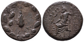 CILICIA. Tarsos. Circa 164-27 BC. Obv: Filleted club; monogram to left; all within oak wreath. Rev: TAPCЄΩN Zeus seated left on throne, holding crowni...