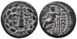 CILICIA. Tarsos. 164-27 BC. Obv: Filleted club; monogram to left and right; all within oak wreath. Rev: TAPCЄΩN Zeus seated left on throne, holding cr...