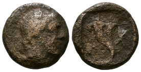 CARIA. Kaunos. Circa 3rd century BC. Obv: Head of Alexander III right. Rev: K-AY Cornucopiae. SNG Copenhagen 184; SNG Keckman 76. Æ 10mm, 1,36g