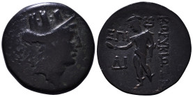 CILICIA. Korykos. Circa 100-0 BC. Obv: Turreted head of Tyche right; monogram to left. Rev: KOPYKIΩTΩN, Hermes standing left, holding phiale and keryk...
