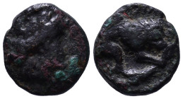 MYSIA. Plakia. 4th century BC. Obv: Turreted head of Kybele right. Rev: ΠΛΑΚΙΑ. Lion, devouring prey, standing right on grain ear right. SNG BN 2378-8...