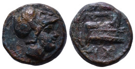 KINGS of MACEDON. Demetrios I Poliorketes. 306-283 BC. Æ Half Unit. Tarsos mint. Struck circa 298-295 BC. Obv: Helmeted head of male right. Rev: Prow ...
