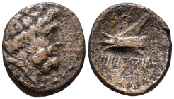 PHOENICIA. Arados. Uncertain date, circa 206-126 BC. Obv: Head of Zeus to right. Rev: Ram of prow to left; Phoenician letters above, date below. Æ 16m...