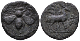 IONIA. Ephesos. Circa 202-133 BC. Uncertain, magistrate. Obv: Ε - Φ Bee within wreath. Rev: Uncertain legend. Stag standing right; in background, palm...