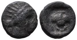 CARIA. Rhodos. Circa 188-84 BC. Obv: Radiate head of Helios right. Rev: P-O Rose with bud to left and right, all within incuse square. Æ 10mm, 1,46g