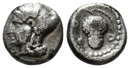 CILICIA. Soloi. Circa 440-410 BC. Obv: Head of Amazon to left, wearing pointed cap with curved wing. Rev: Σ-O Bunch of grapes. Obol AR 8mm, 0,68g