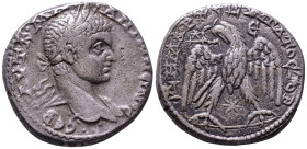 SYRIA. Seleucis and Pieria. Antioch. Elagabalus. 218-222 AD. Obv: YT K M A ANTWNEINOC Laureate and draped bust right. Rev: ΔΗΜΑΡΧ ΕΞ VΠΑΤΟ Δ, Δ-E Eagl...