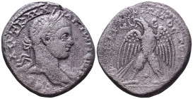 SYRIA. Seleucis and Pieria. Antioch. Elagabalus. 218-222 AD. Obv: YT K M A ANTWNEINOC Laureate and draped bust right. Rev: ΔΗΜΑΡΧ ΕΞ VΠΑΤΟ Δ, Δ-E Eagl...
