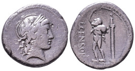 L. CENSORINUS. Denarius. 82 BC. Rome. Obv: Laureate head of Apollo right. Rev: L CENSOR Marsyas standing left, raising hand and holding wineskin over ...