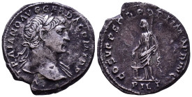 Trajan. 98-117 AD. Denarius. Rome mint, struck 103-111 AD. Obv: IMP TRAIANO AVG GER DAC P M TR P Laureate head to right, slight drapery on far shoulde...