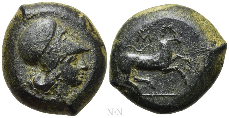 SICILY. Aitna. Ae (354/3-344 BC). 

Obv: Helmeted head of Athena right.
Rev: ...