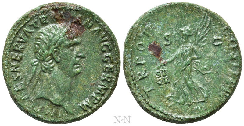 TRAJAN (98-117). As. Rome. 

Obv: IMP CAES NERVA TRAIAN AVG GERM P M. 
Laurea...