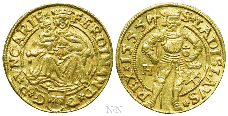 HUNGARY. Ferdinand I (1526-1564). GOLD Ducat (1555-H). Hermannstadt. 

Obv: FE...