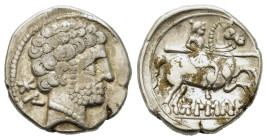 Iberia, Bolskan (Osca), c. 150-100 BC. AR Denarius (18,2mm, 4.3g). Bearded head r., Iberian script ‘bon’ to l. R/ Warrior on horseback r., holding spe...
