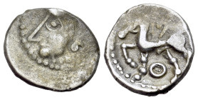 Central Gaul, Aedui, c. 80-50 BC. AR Quinarius (15mm, 1.91g, 8h). Head of 'Roma' to l., wearing helmet. R / Horse galloping to l.; annulet above and b...