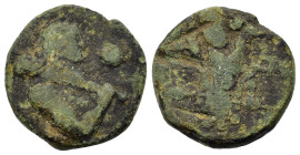 Italy, Apulia, Venusia, c. 210-200 BC. Æ Uncia (17,9mm, 5.4g). Half length bust of Herakles r., wearing lion's skin headdress and holding club over sh...