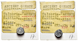 Italy, Calabria. Tarentum, c. 280-228 BC. AR Obol (9mm, 0.46g, 6h). Kantharos surrounded by five pellets, within circle. R/ Kantharos surrounded by fo...