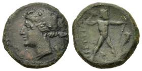 Italy, Bruttium, The Brettii, c. 216-214 BC. Æ (17,7mm, 3.6g). Head of Nike to l.; [NIKA] before, grain ear behind. R/ Zeus advancing to r., brandishi...