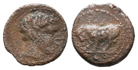 Sicily, Gela, c. 420-405 BC. Æ Tetras (17mm, 2.81g). Bull standing l., head lowered; three pellets in exergue. R/ Head of horned river god r., wearing...