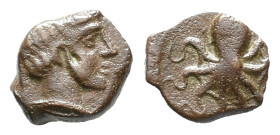 Sicily, Syracuse, c. 435-415 BC. Æ Onkia (9mm, 0.83g). Head of Arethusa r.; dolphin behind. R/ Octopus. CNS II, 10; SNG ANS 384; HGC 2, 1434. Near VF