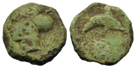 Sicily, Syracuse. Second Democracy, c. 415-405 BC. Æ (15,5mm, 2.7g). Head of Arethusa l., wearing sphendone; branch to r. R/ Dolphin r.; scallop shell...