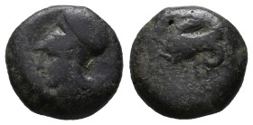 Sicily, Syracuse (400-390 BC). Æ Litra (19mm, 7.86g). Head of Athena l., wearing Corinthian helmet decorated with wreath. R/ Hippocamp l. CNS II, 41; ...