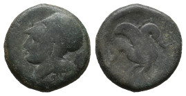 Sicily, Syracuse (400-390 BC). Æ Litra (19mm, 6.71g). Head of Athena l., wearing Corinthian helmet decorated with wreath. R/ Hippocamp l. CNS II, 41; ...