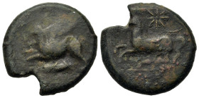 Sicily, Syracuse. Dionysios II (367-357 BC). Æ (23mm, 10.6g). “Kainon” issue. Griffin springing l.; below, grasshopper l. R/ Horse prancing l., rein t...