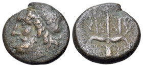 Sicily, Syracuse. Hieron II (269/65-215 BC). Æ (18mm, 5.39g, 12h). Diademed head of Poseidon l. R/ Ornate trident head; dolphin to l. and r. HGC 2, 15...