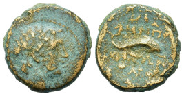 Macedon, Amphipolis, 2nd century BC. Æ (16,8mm, 3.7g). Head of River-god Strymon r., crowned with reeds. R/ The fish Gouliano or Glanis. r.; above, mo...